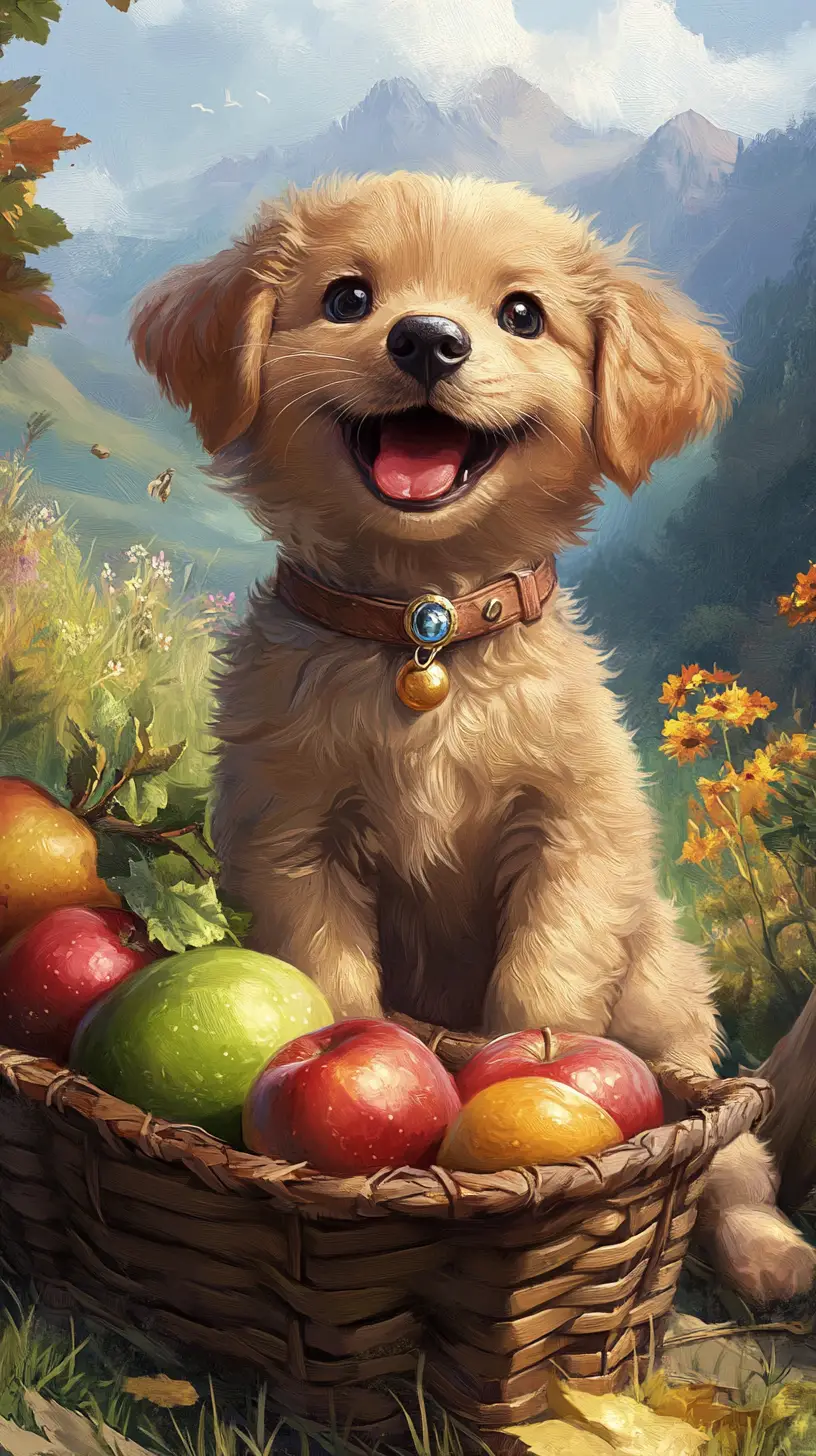 果物かごのそばで山の草原を走る幸せな子犬