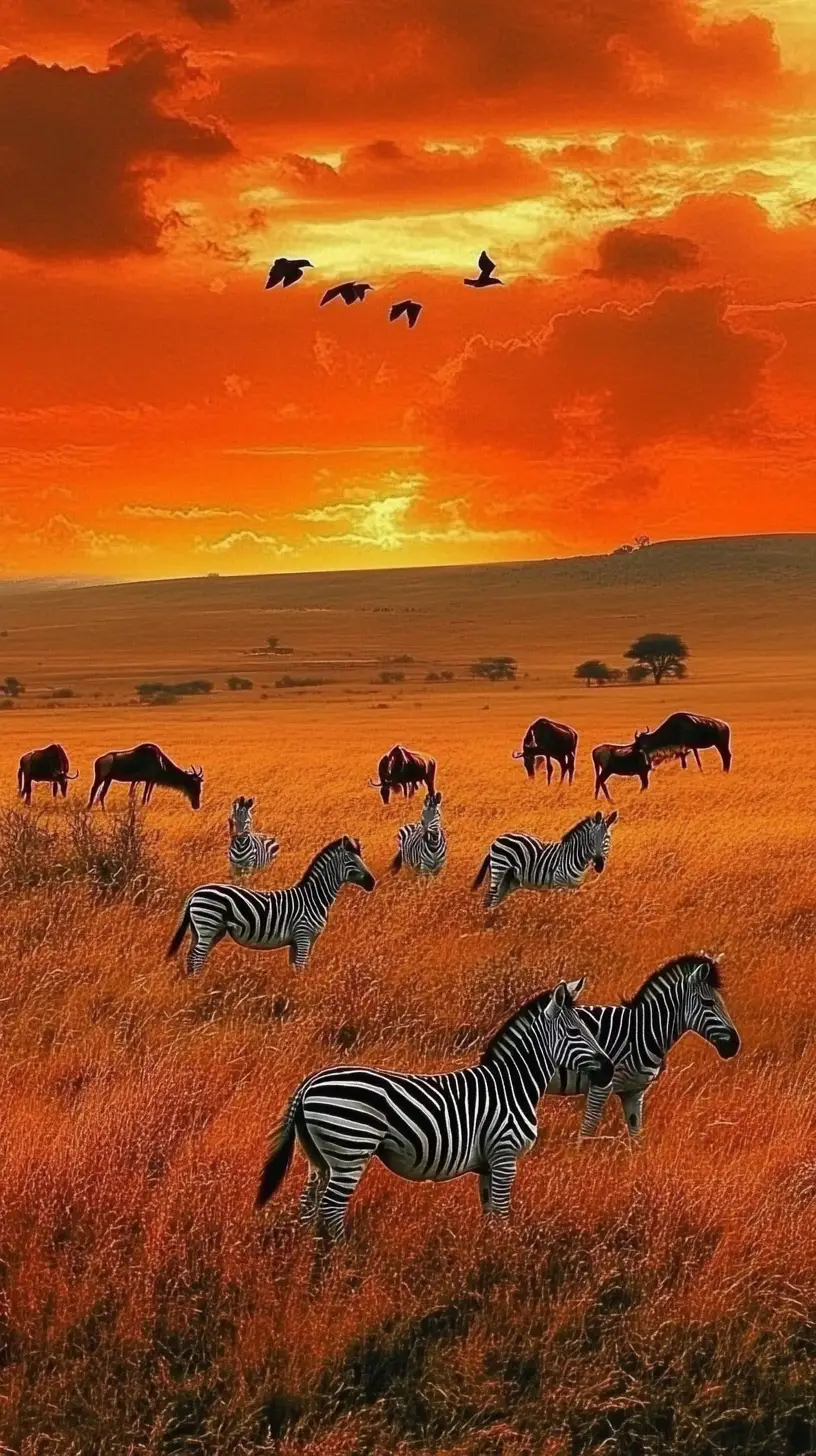 Zebras und Antilopen beim Grasen in einer afrikanischen Graslandschaft bei Sonnenuntergang