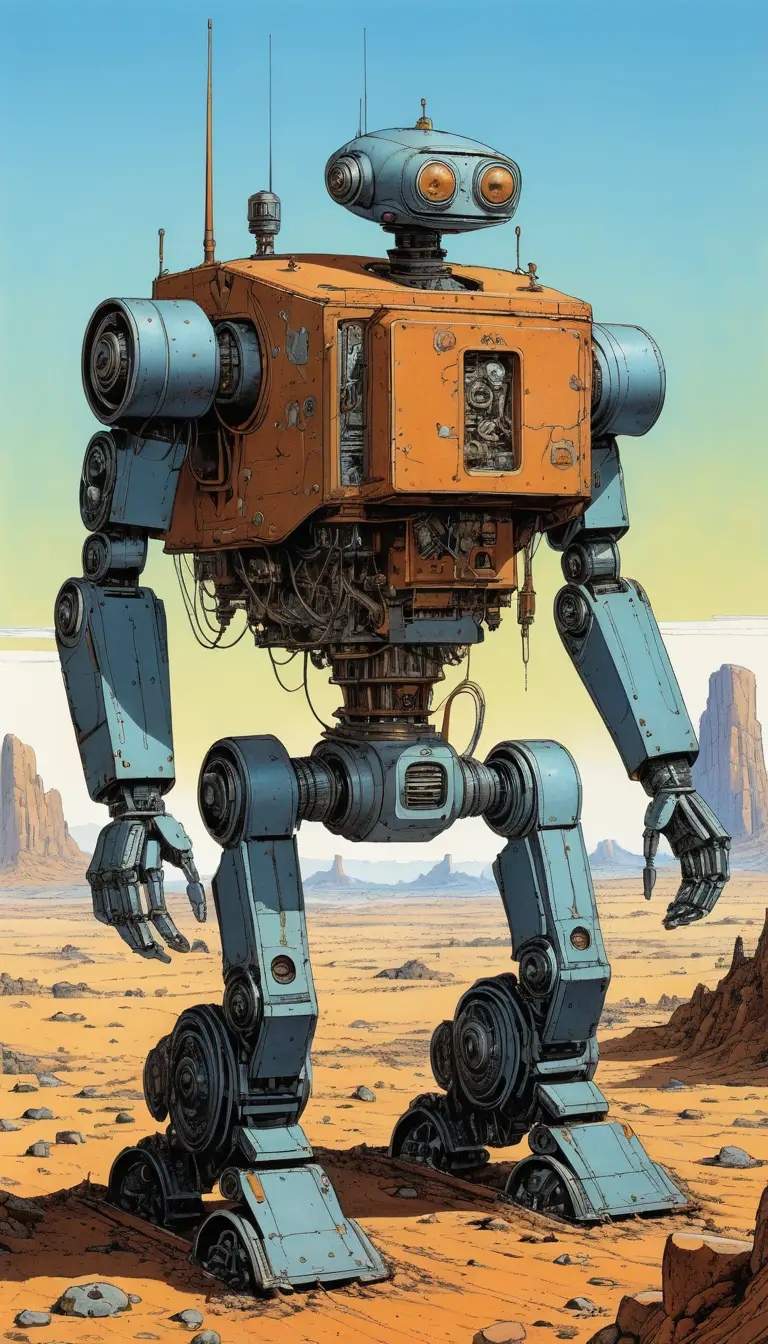 Nahaufnahme einer Sci-Fi-Illustration eines Roboters in der Ödnis