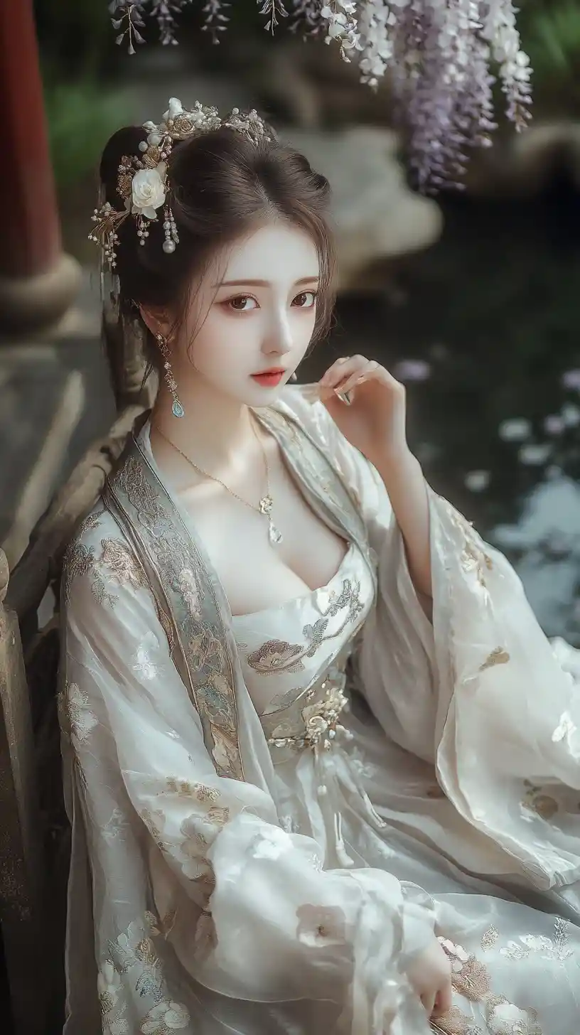 Mulher elegante em hanfu prateado sentada no pavilhão