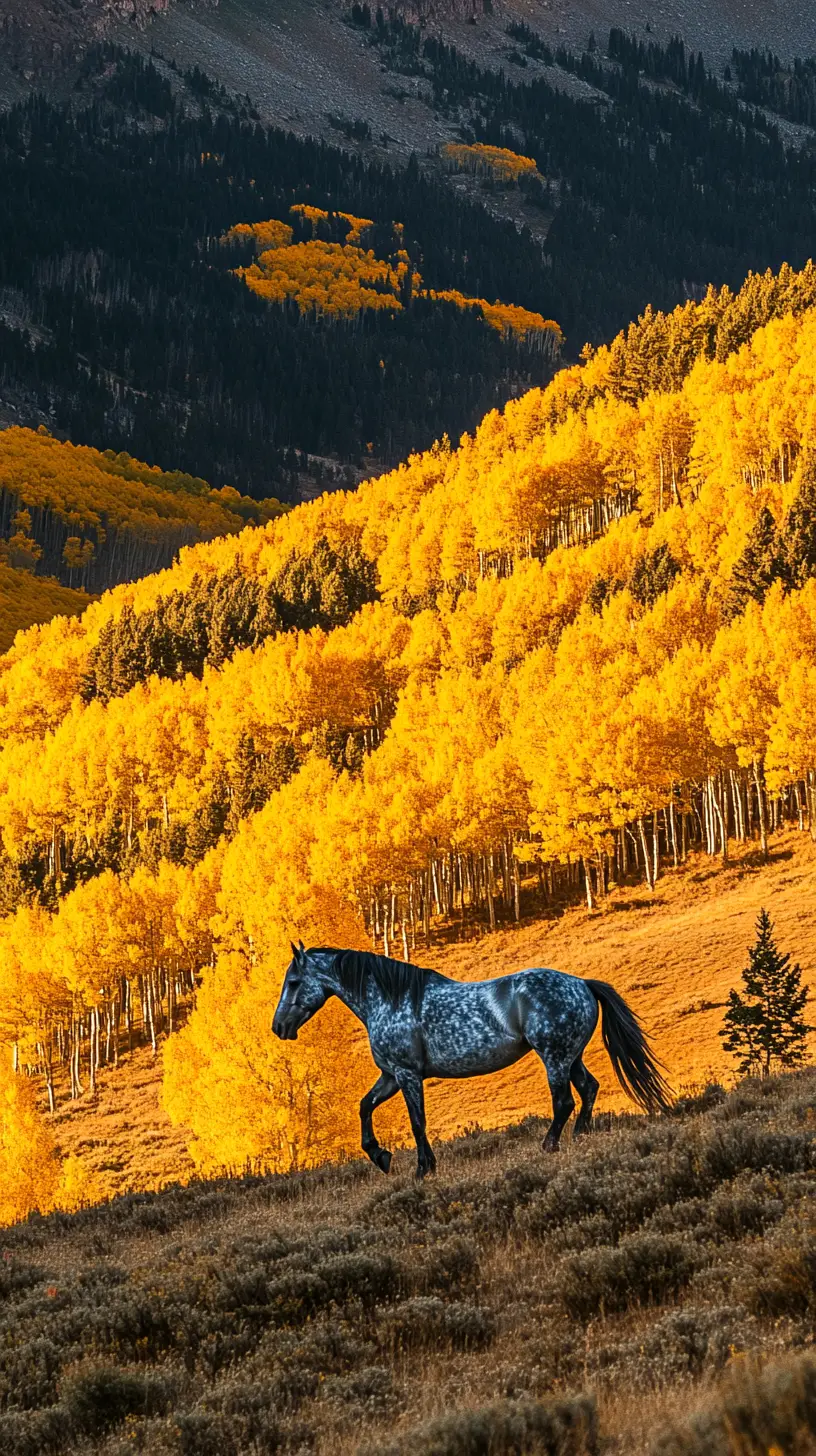 優雅的馬在山坡上小跑而上