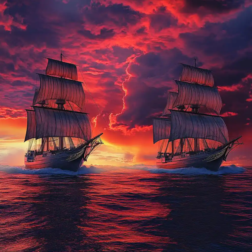 Altos veleiros em oceano tempestuoso ao pôr do sol colorido