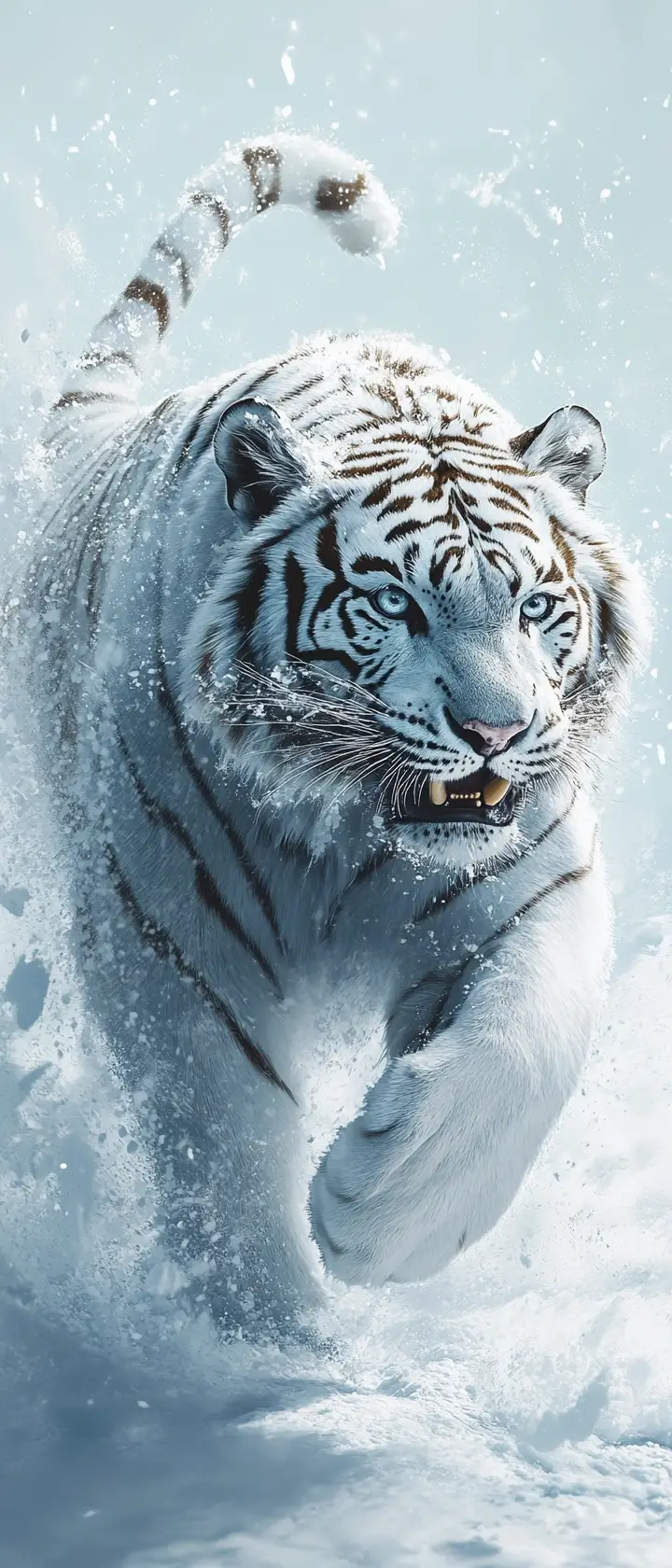 Tigre bianca che cammina tra la neve spruzzata in una calma scena blu