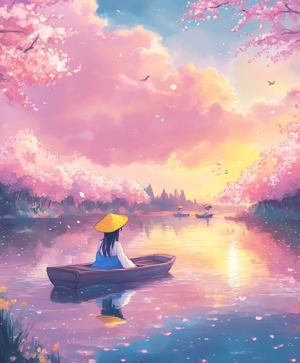 夕陽下寧靜河面上小船中的動漫少女