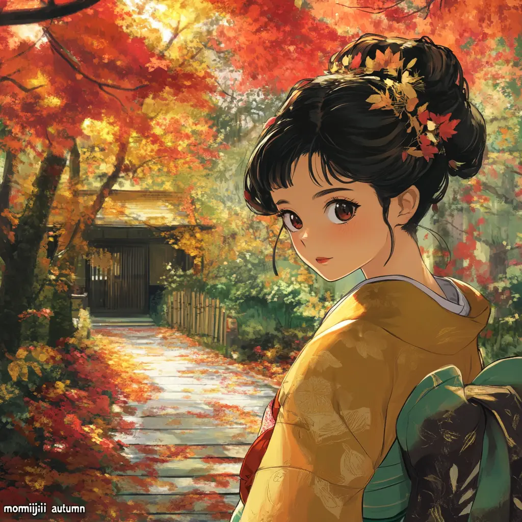 和服動漫女子漫步於秋季楓葉小徑