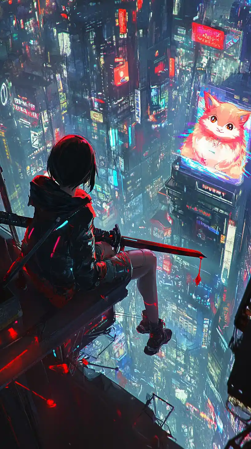 手持武士刀對抗機械傀儡的動漫少女