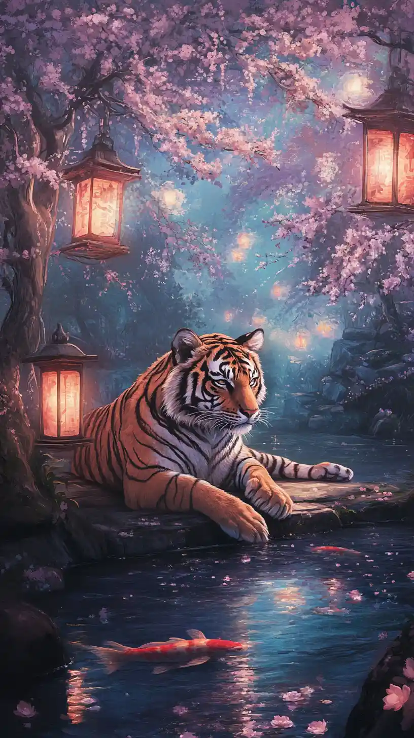 Tigre che riposa in un tranquillo giardino giapponese al crepuscolo