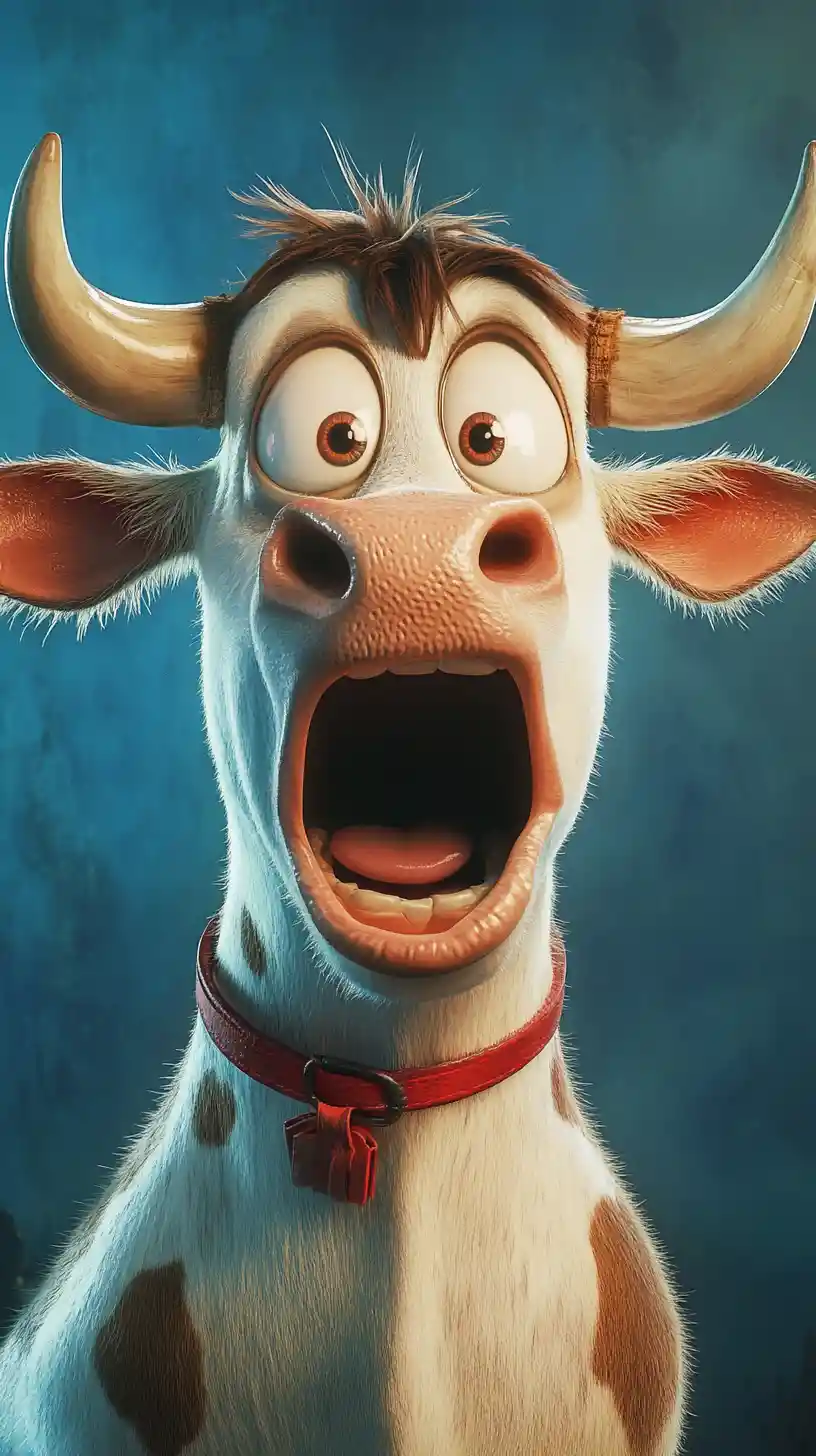 Vache de dessin animé aux yeux sauvages et surpris sur fond bleu