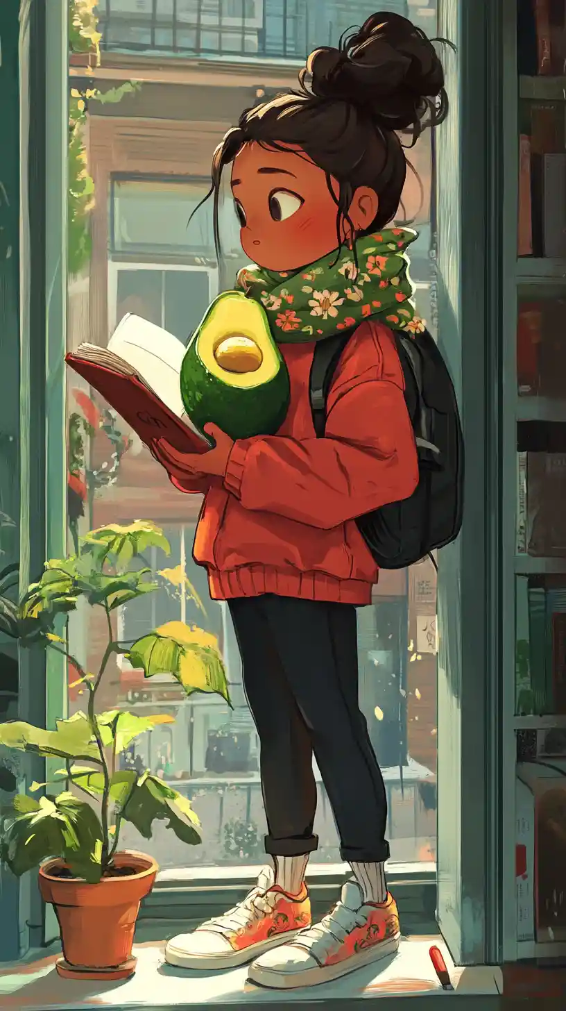 明亮窗邊的舒適擬人化酪梨
