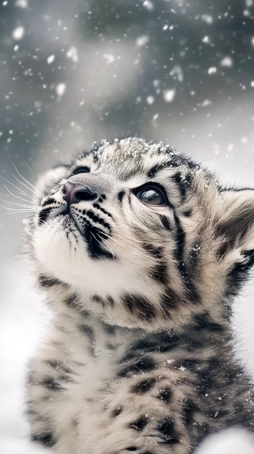 Adorable bébé léopard des neiges jouant sous une douce chute de neige