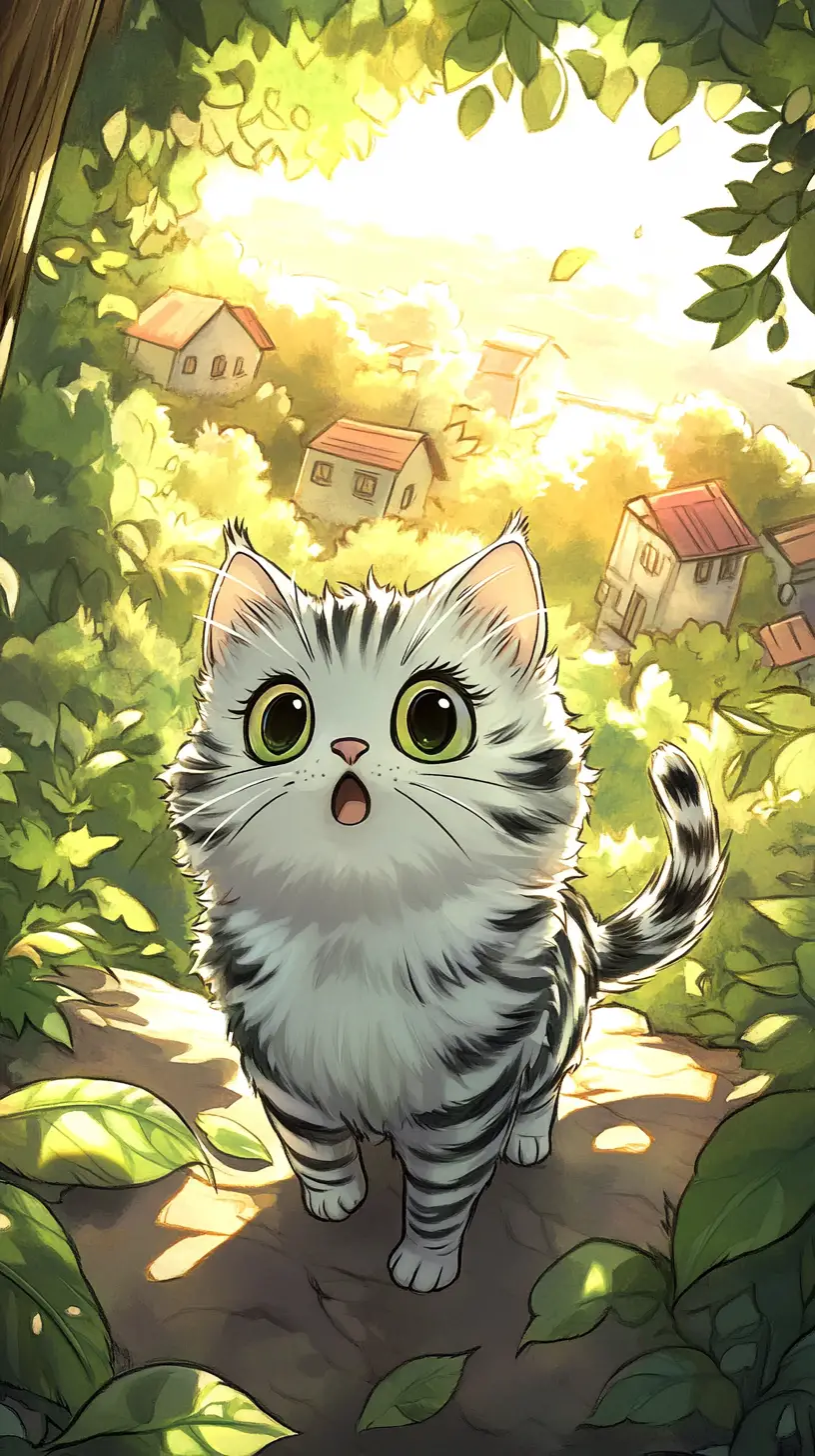 Süße gestreifte Cartoon-Katze in einem hellen Wald