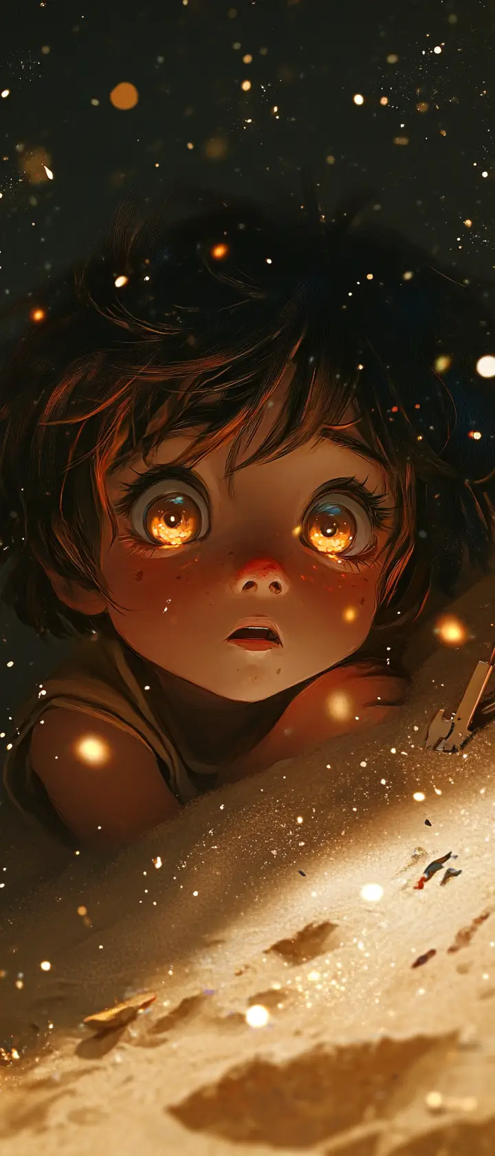 遠くの爆発の中で砂漠の夜に身を潜めるアニメの子ども
