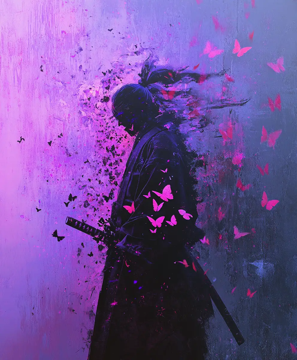Abstrakte Samurai-Silhouette, die sich in Neon-Schmetterlinge auflöst