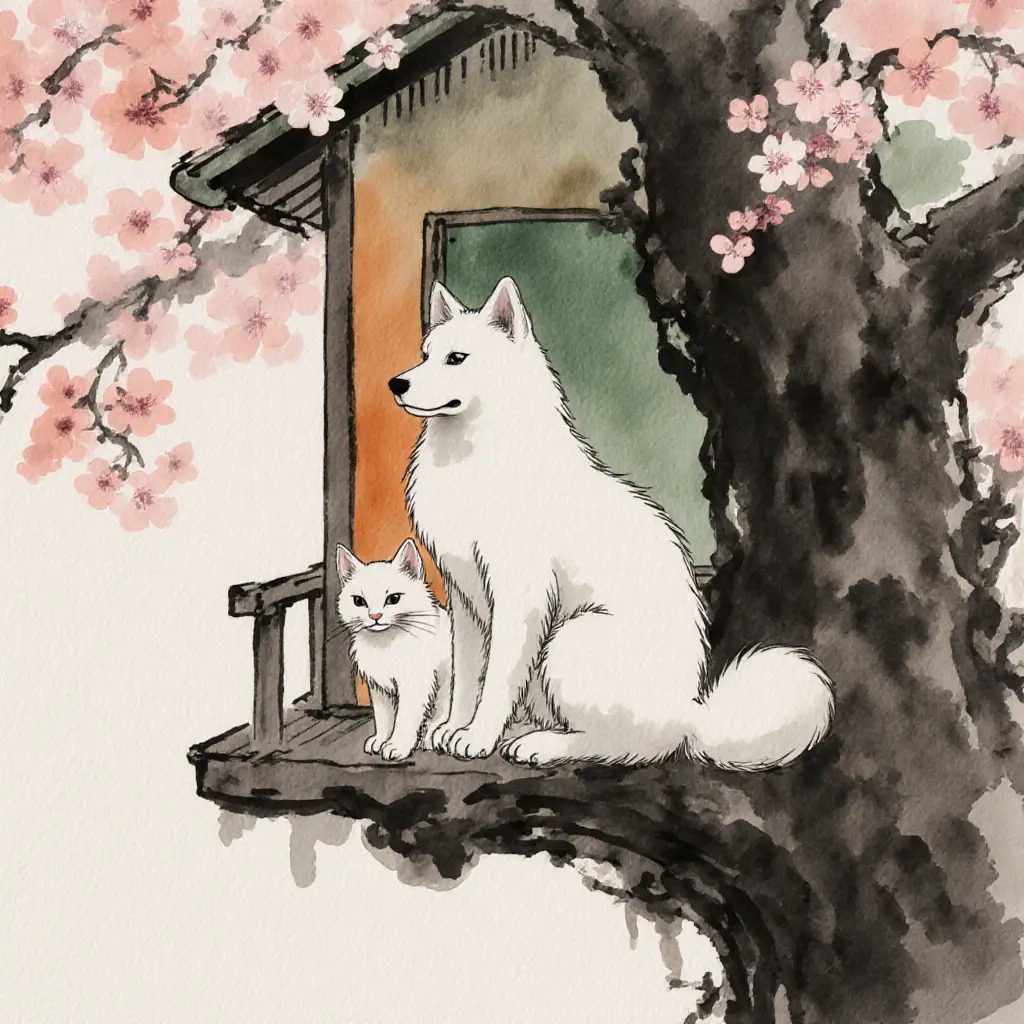 Dipinto a inchiostro di una casa sull’albero di sakura con gatto e cane
