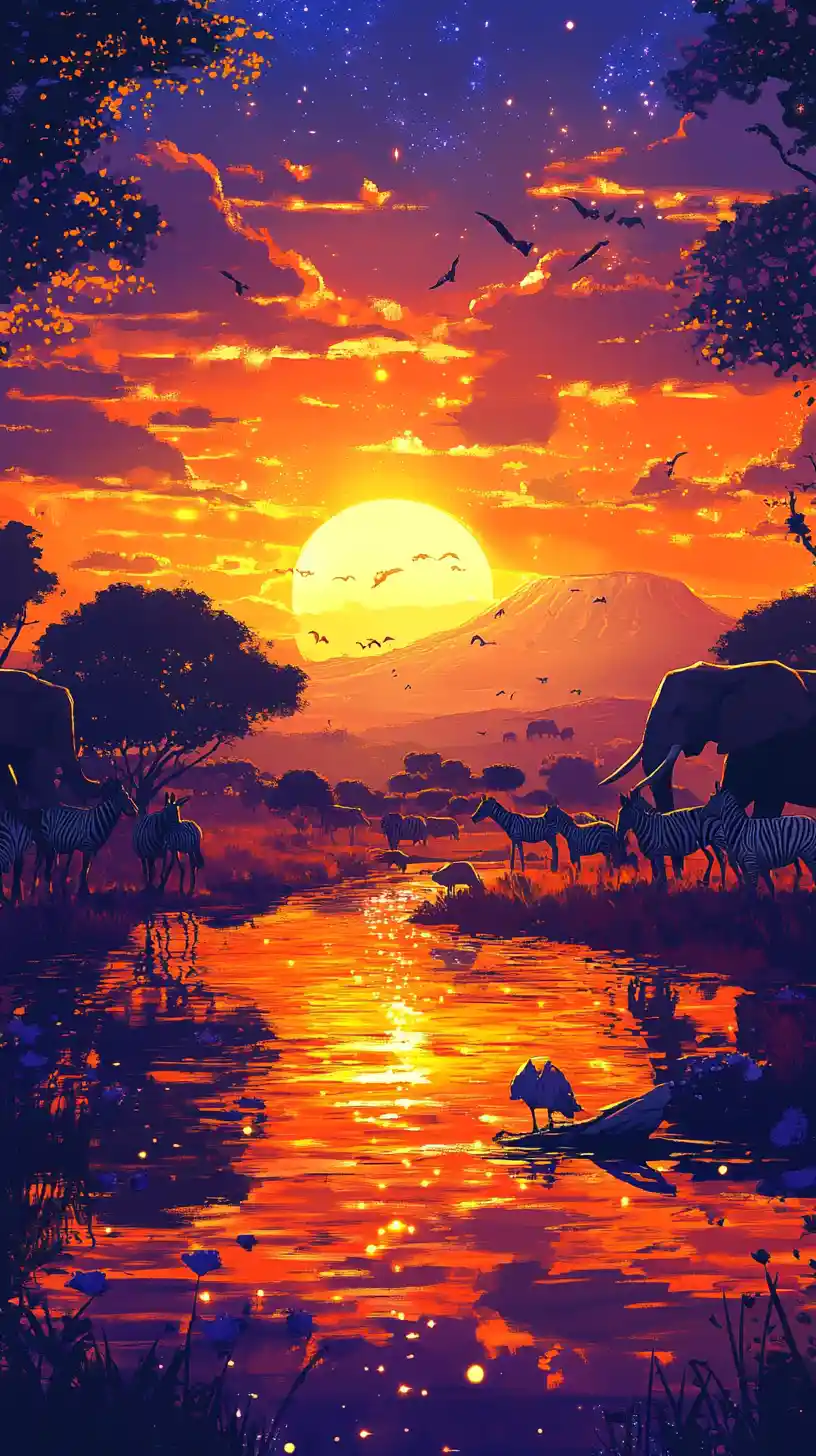 Savane africaine colorée avec zèbres, éléphants et lions