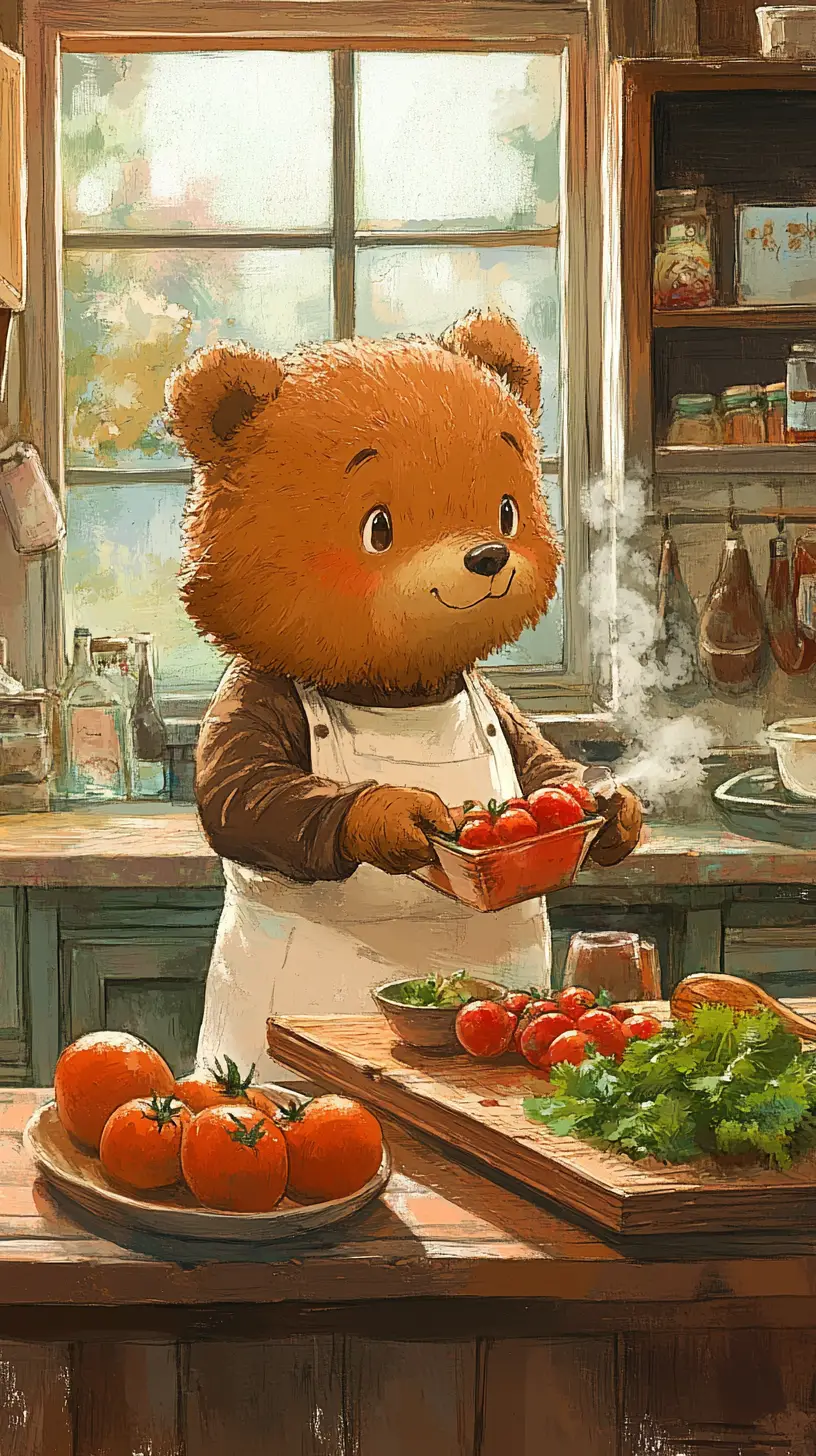 Orso ad acquerello che cucina in una calda cucina rustica