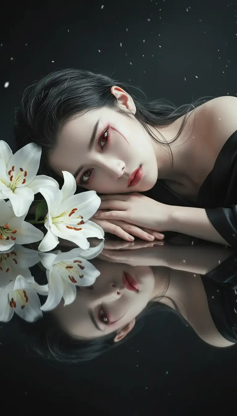 白色百合花旁女子的浪漫特寫肖像