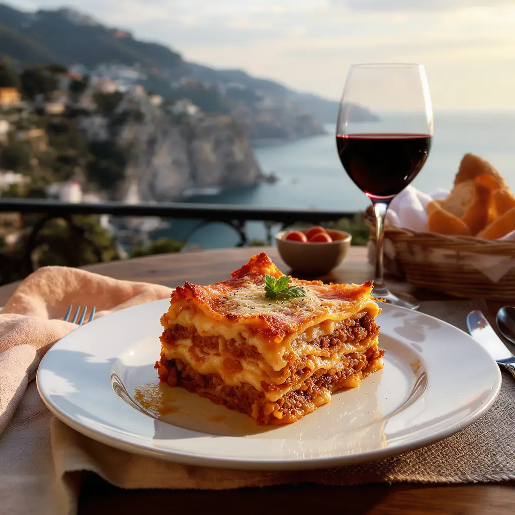 Assiette de lasagnes italiennes avec vin sur terrasse côtière