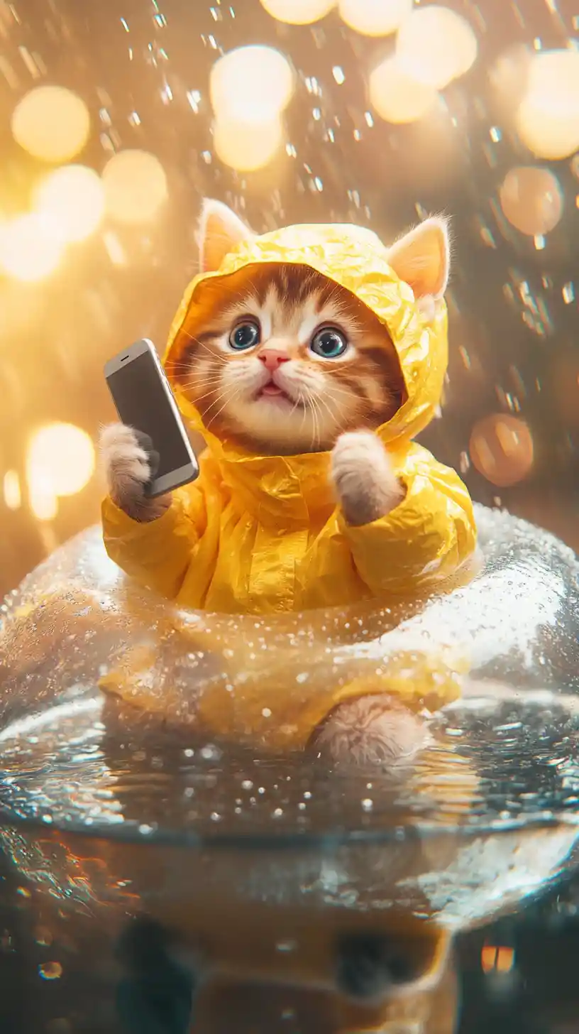 Lindo gatito con impermeable amarillo sosteniendo un smartphone