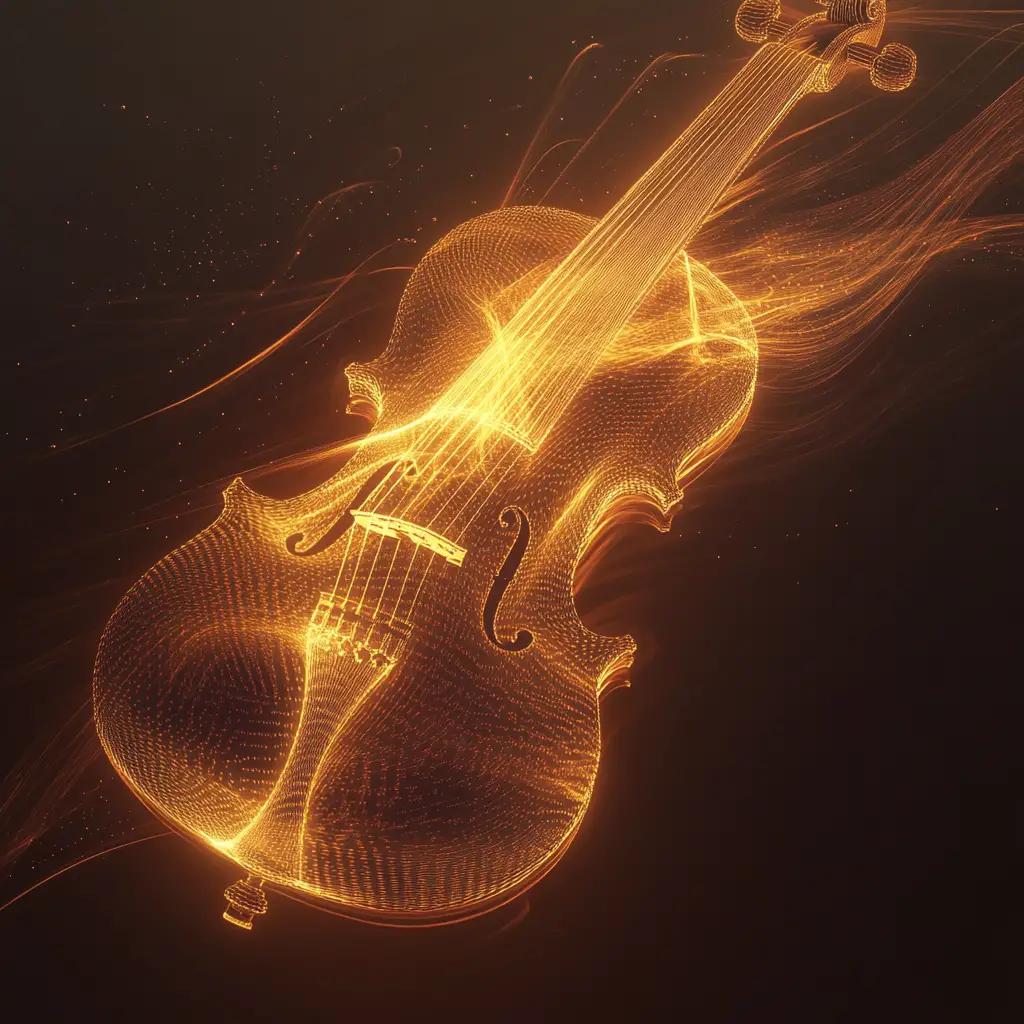 Violino da sogno con delicati fili luminosi di onde sonore