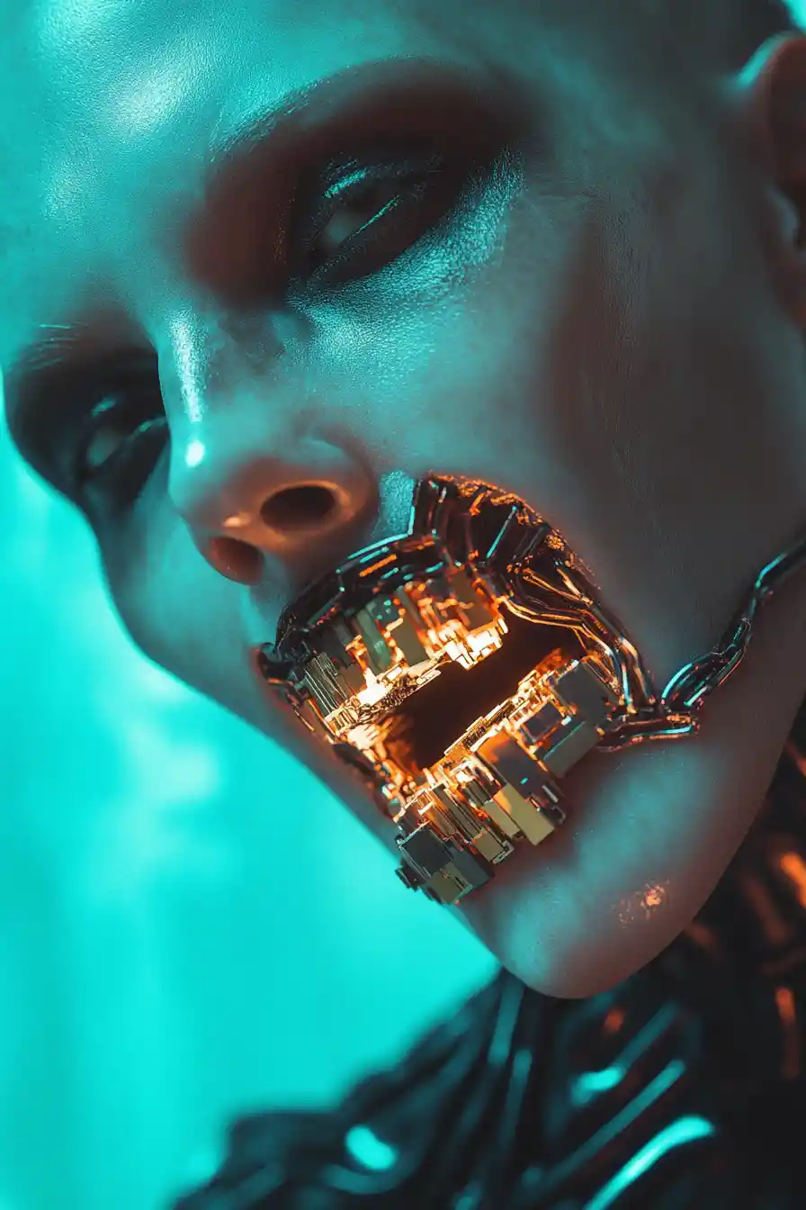 Ritratto di vampiro futuristico con zanne cibernetiche e impianti