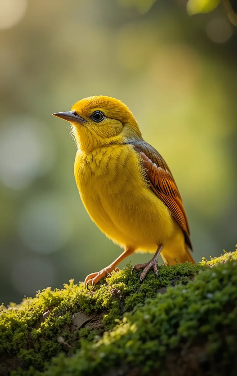 Pájaro cantor amarillo sobre rama musgosa a la suave luz del sol