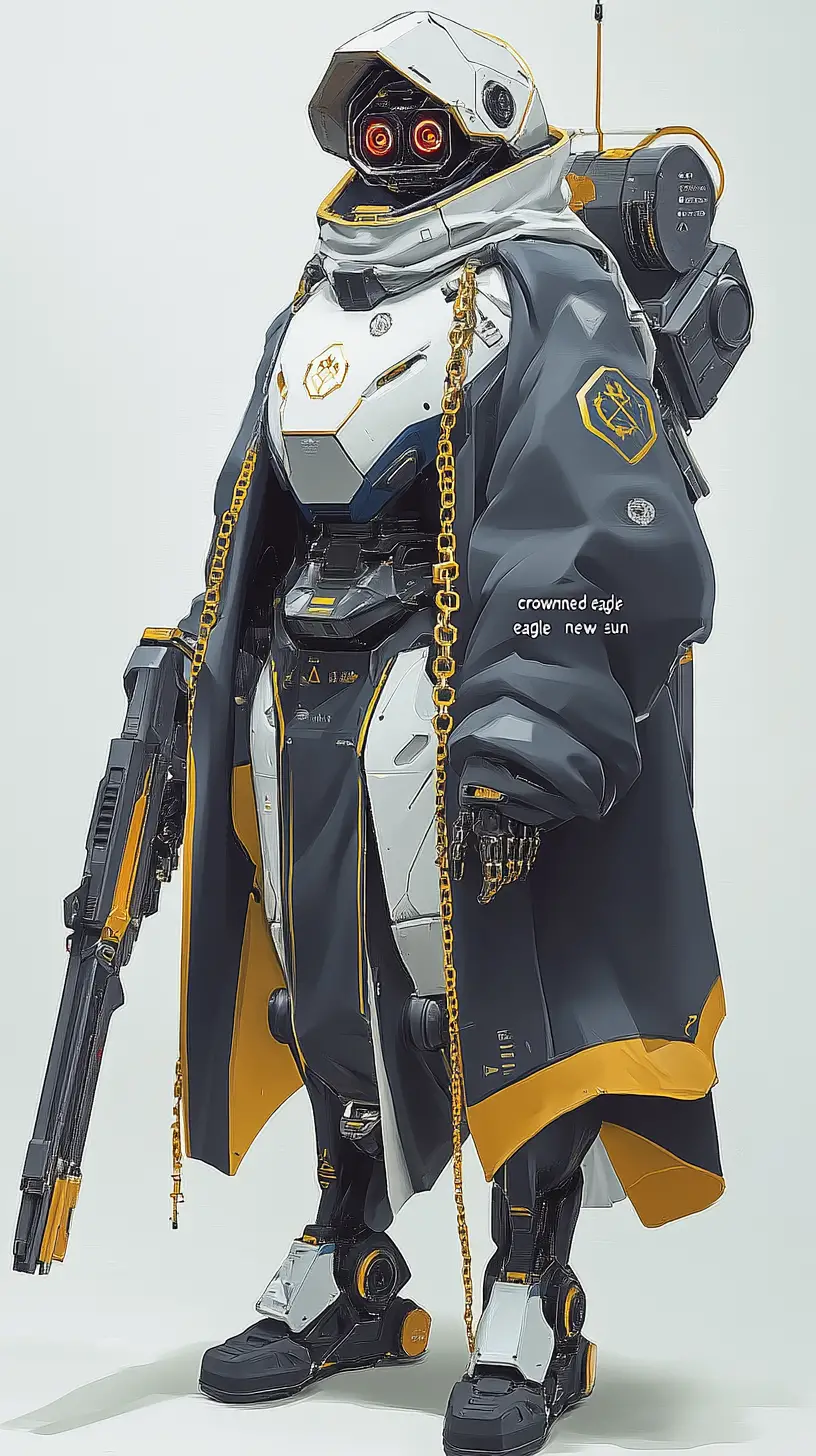 Gepanzerter Roboter mit gekröntem Adleremblem hält Sci‑Fi-Waffe