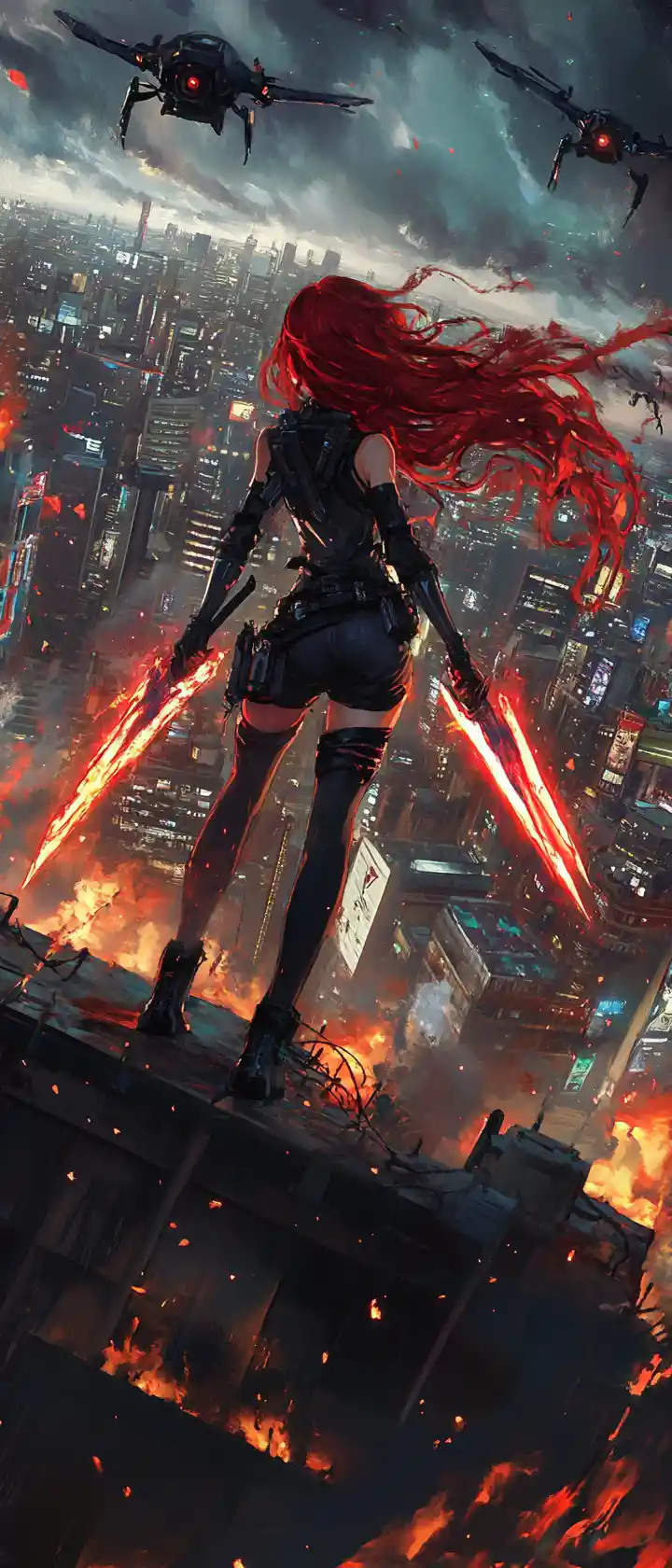Ragazza ribelle in stile anime che combatte droni su un tetto in fiamme