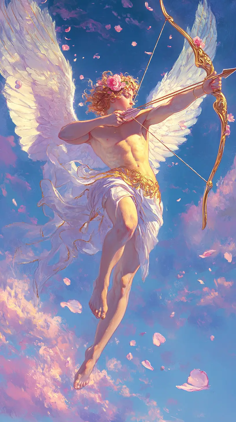 Eros With Golden Bow Soaring Above Twilight Sky