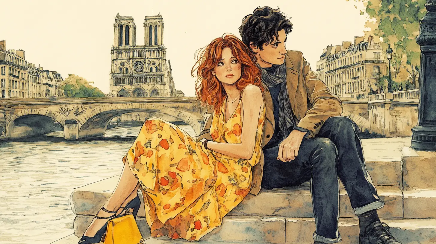 Romantic couple resting by the Seine in watercolor illustration