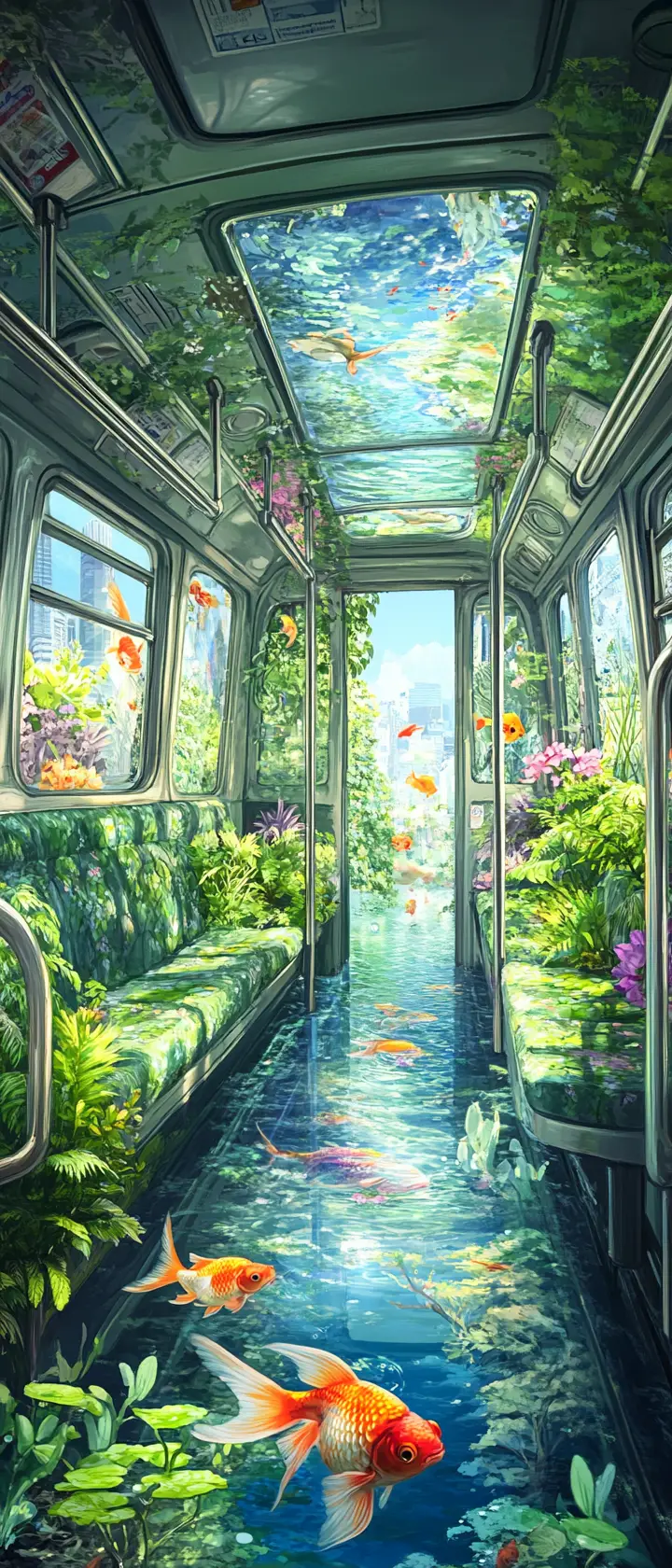 Surreal subway interior filled with water and plants