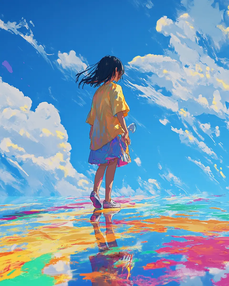 Anime-Illustration bunter Formen am blauen Himmel