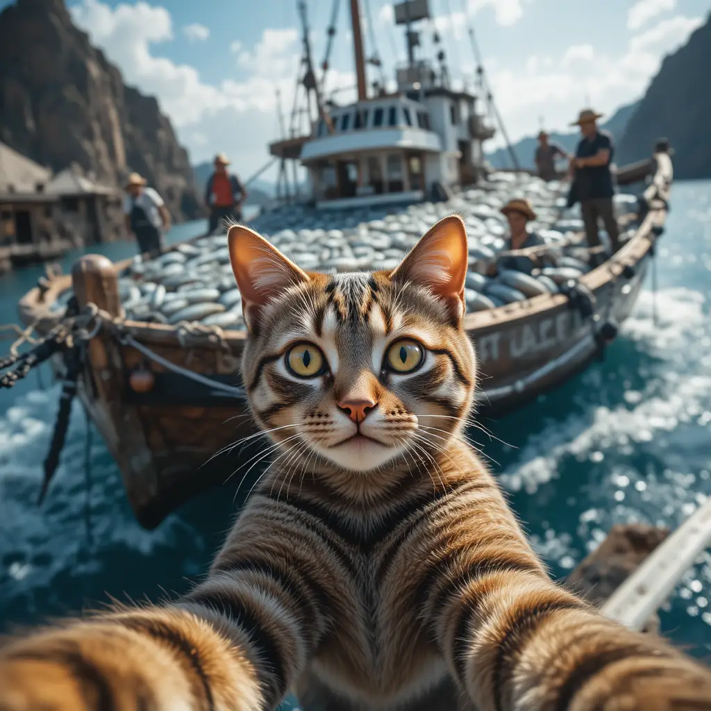 Getigerte Katze macht Selfie vor geschäftigem Fischerboot