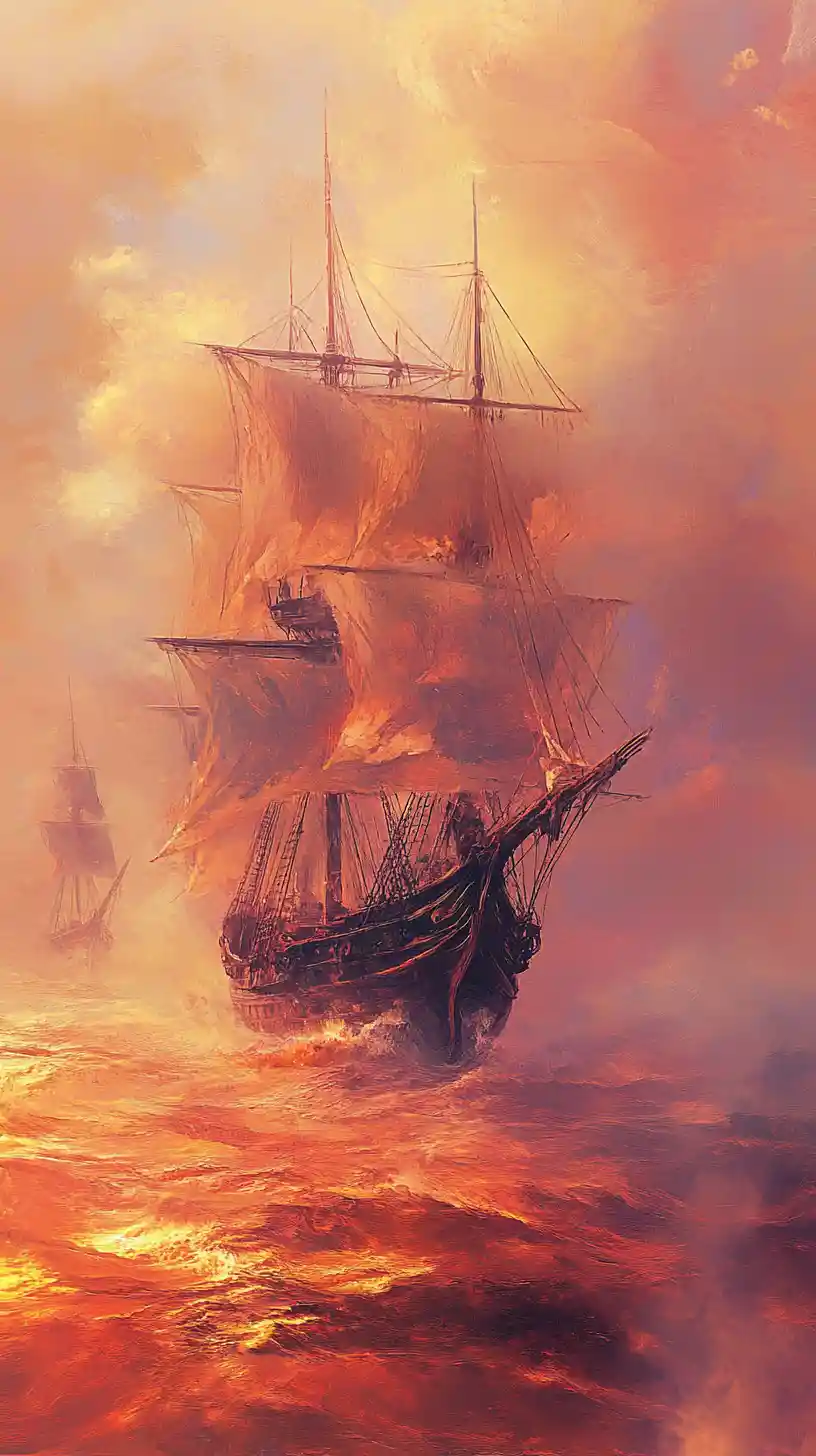 Ghostly ships drifting on a surreal golden ocean