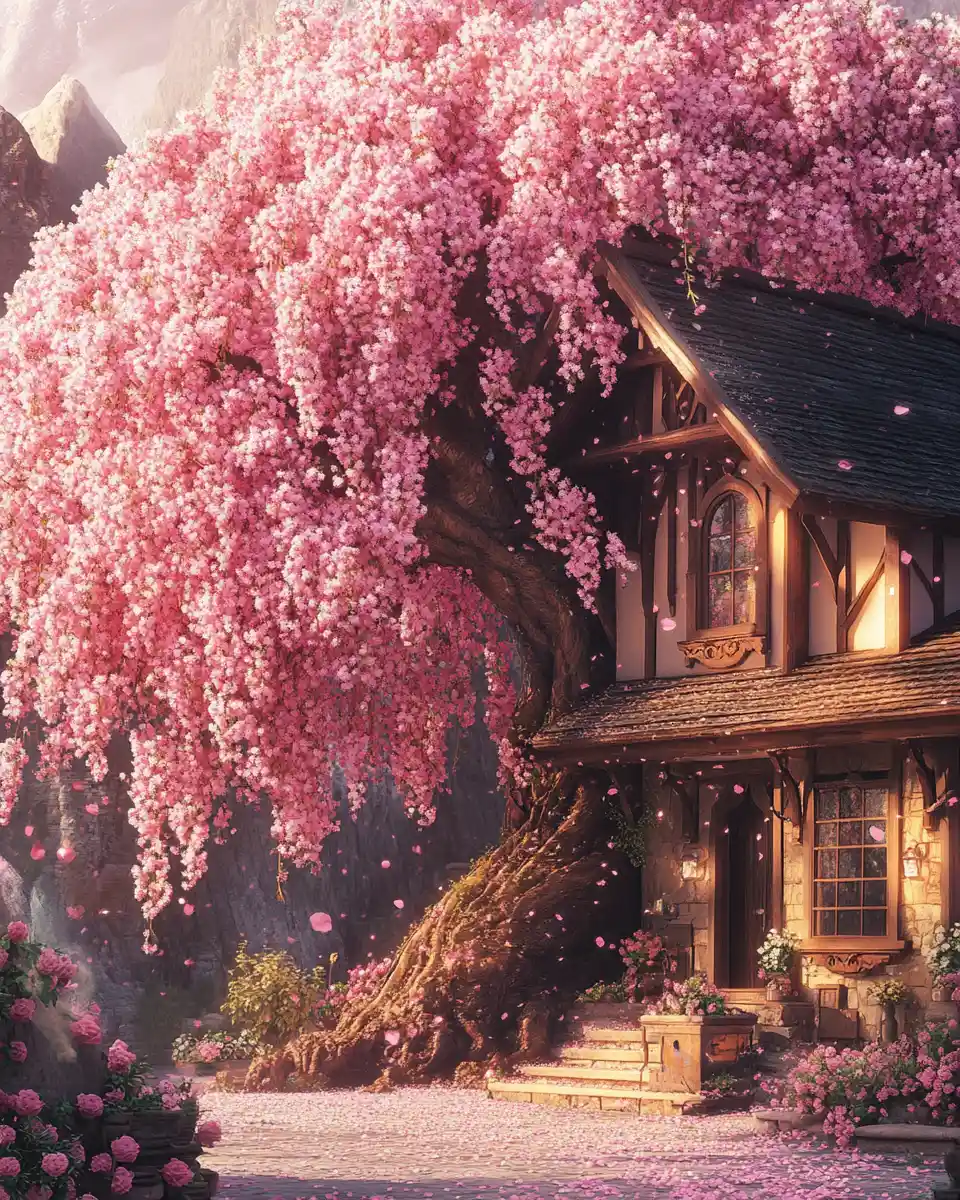 溫馨小屋旁的壯麗粉色花樹