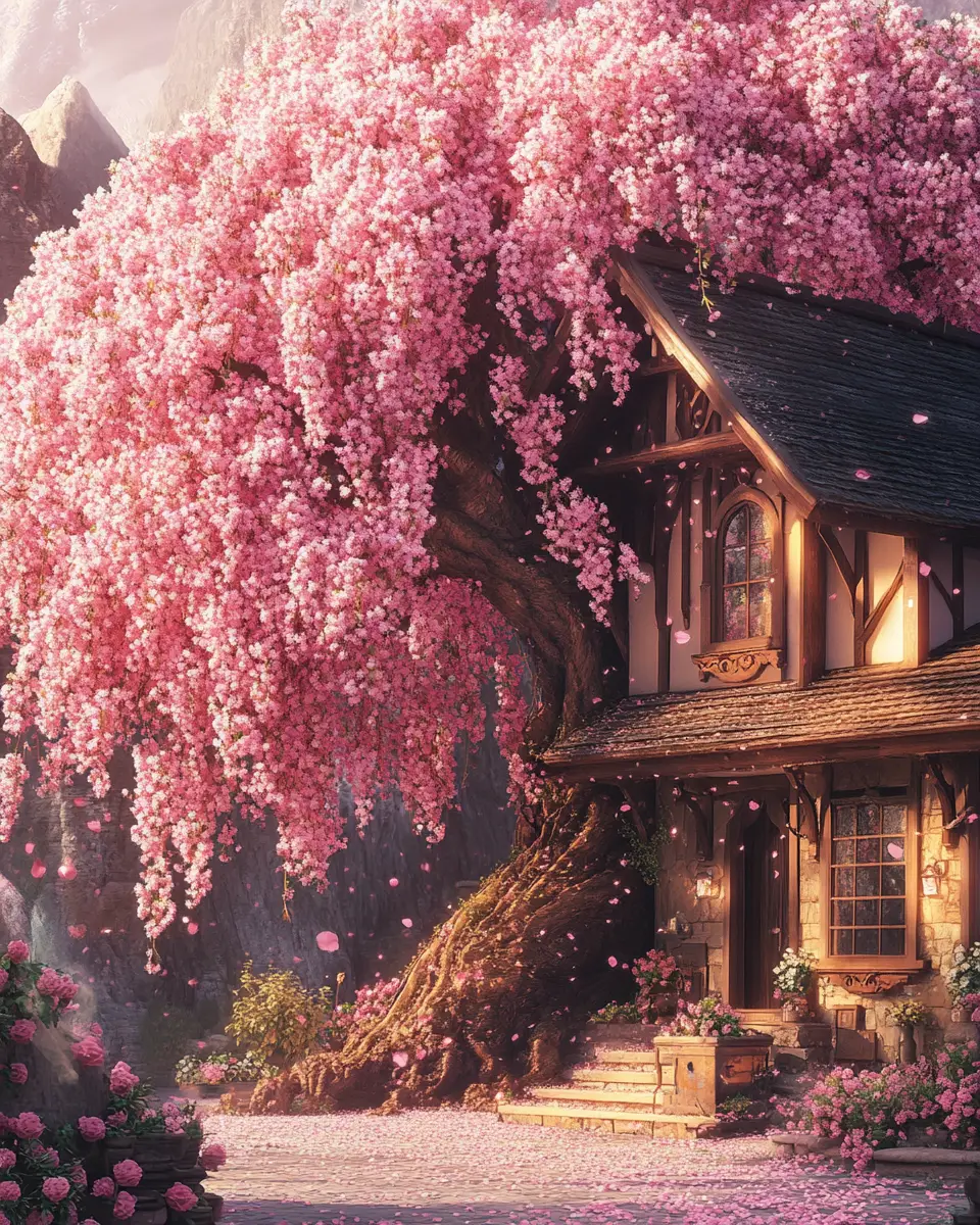 溫馨小屋旁的壯麗粉色花樹
