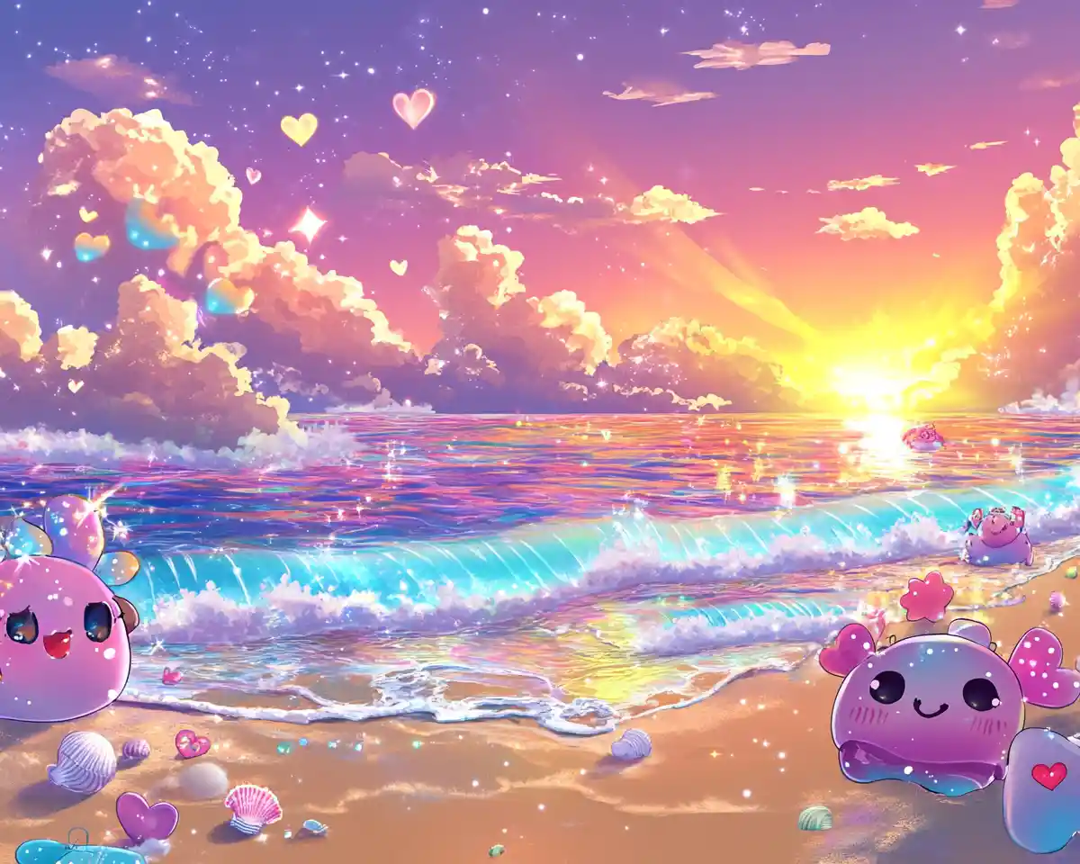 Plage d’anime féerique avec de mignonnes tortues de mer au coucher du soleil