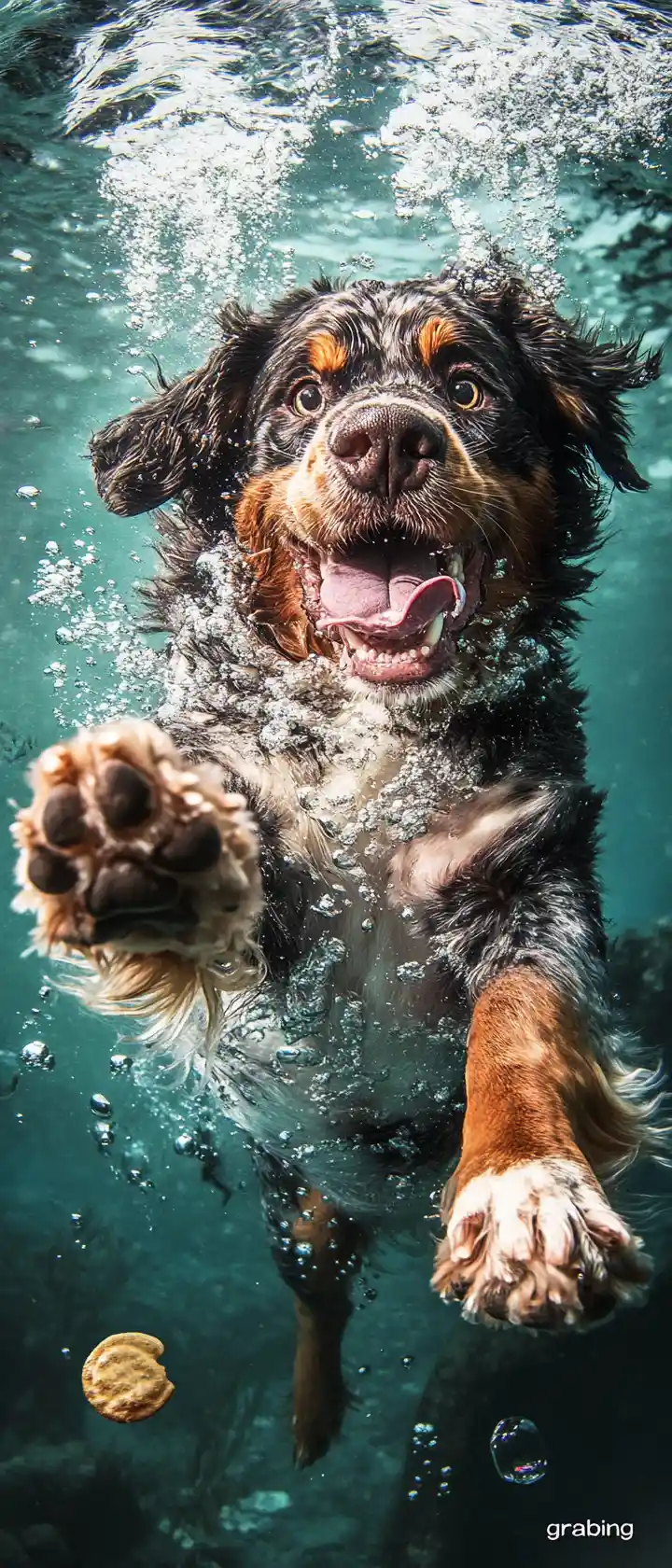 Verspielter Unterwasserhund, der mit der Pfote nach vorne greift und die Zunge herausstreckt