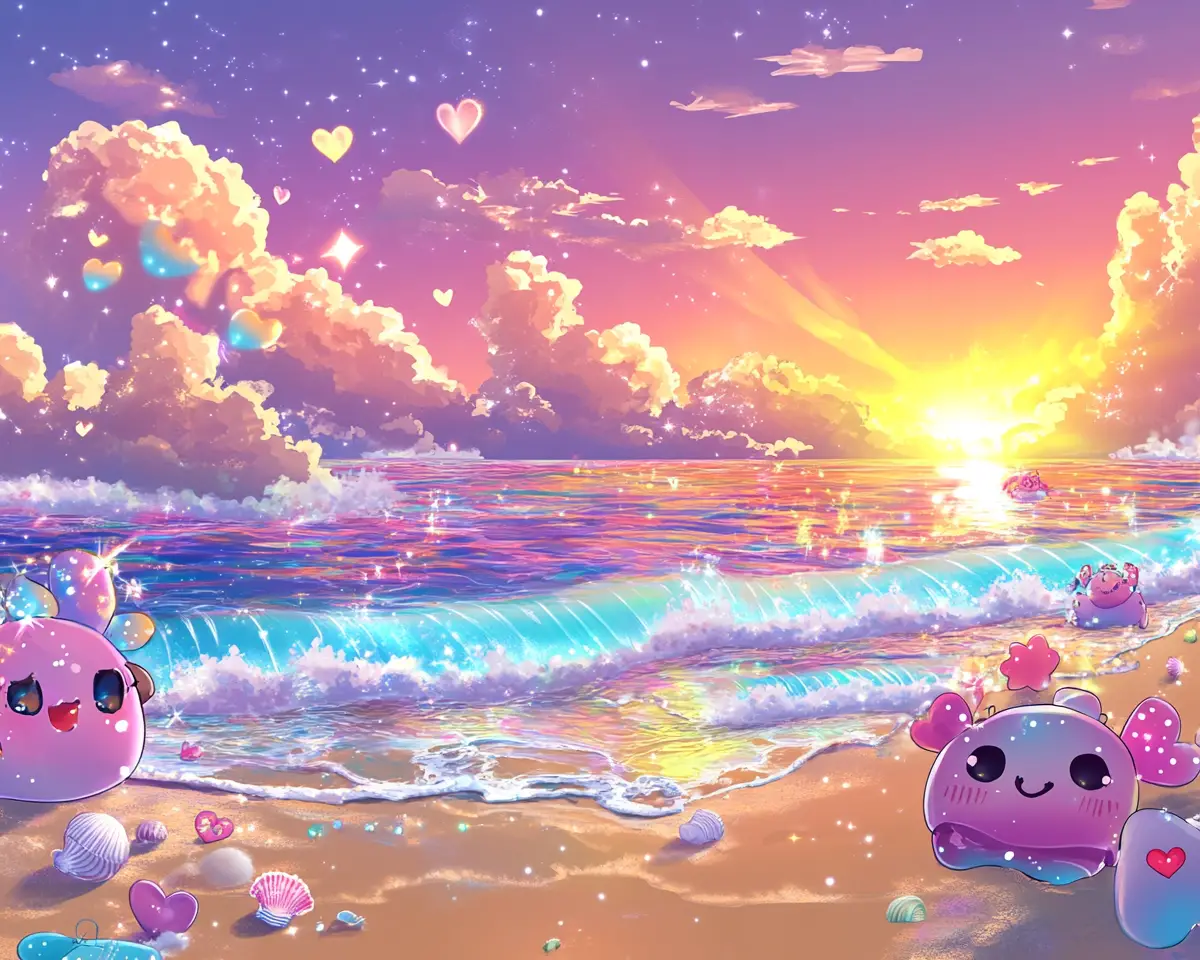 Plage d’anime féerique avec de mignonnes tortues de mer au coucher du soleil