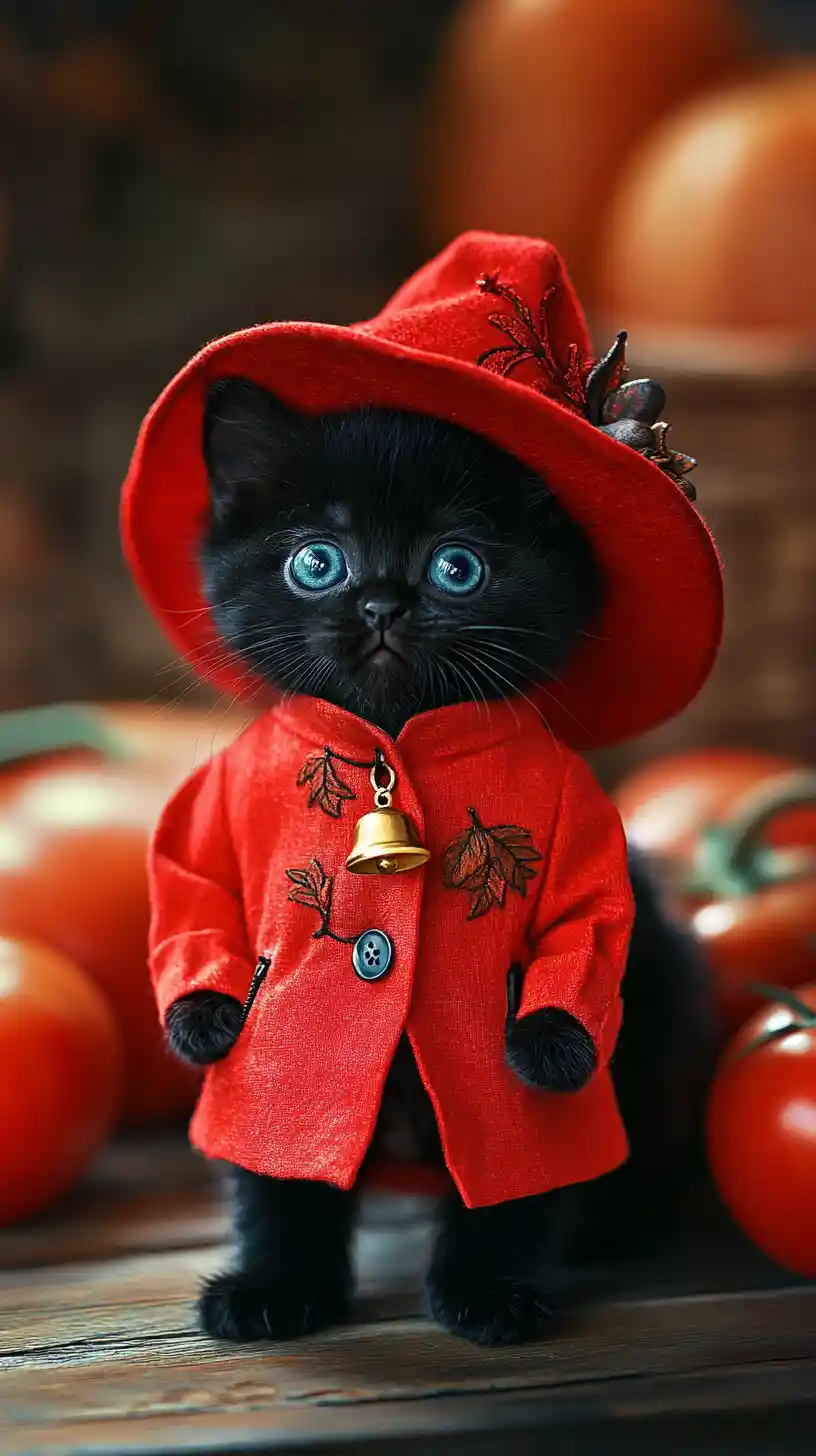 Gattino nero con cappotto e cappello rossi su un tavolo di legno