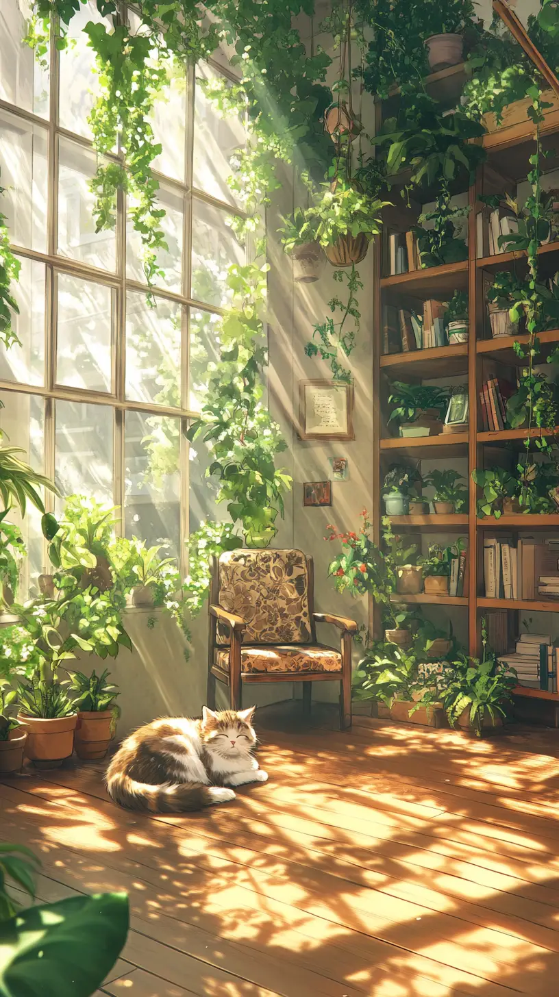 Accogliente stanza anime con gatto che dorme e piante rigogliose