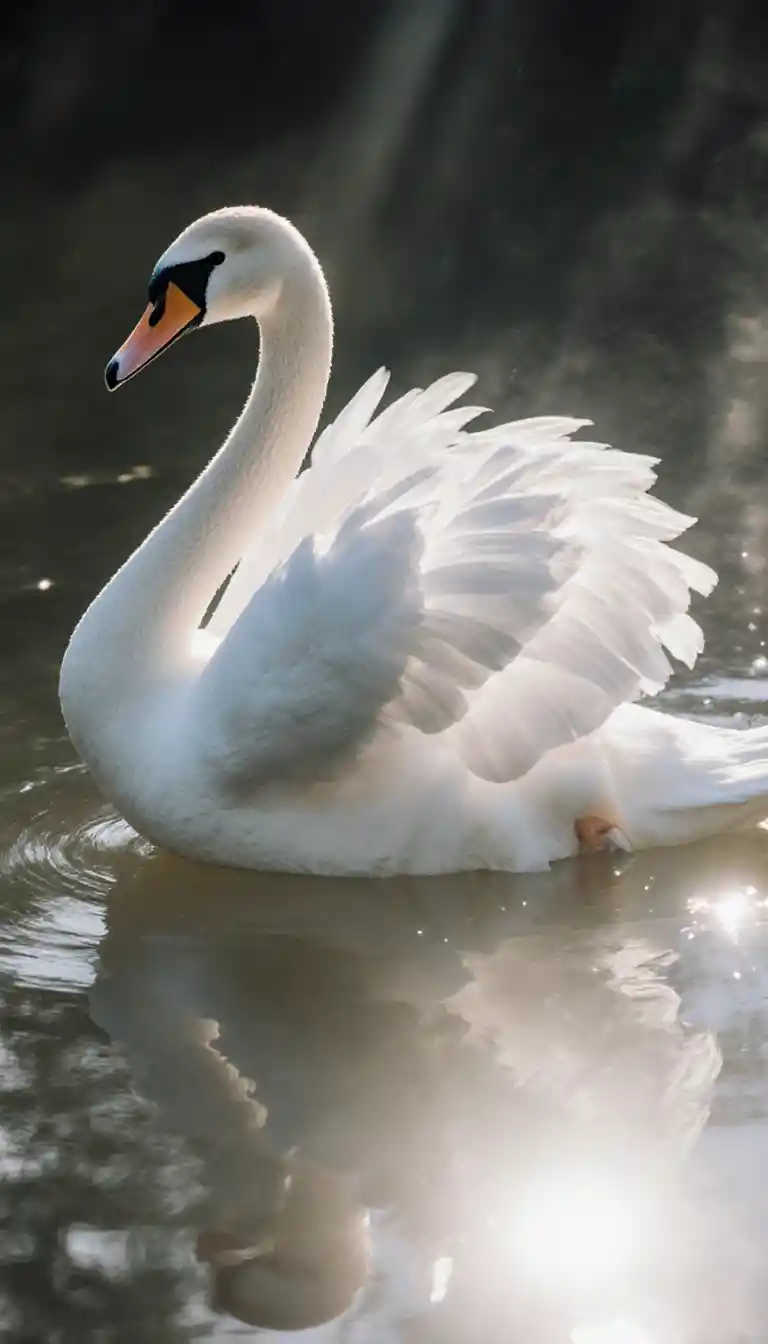 Elegante cisne blanco en un sereno lago bañado por el sol