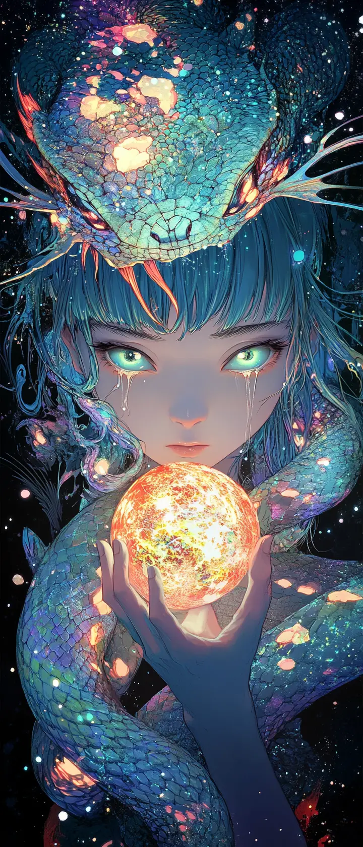 Ragazza anime in un vuoto cosmico luminoso con globo