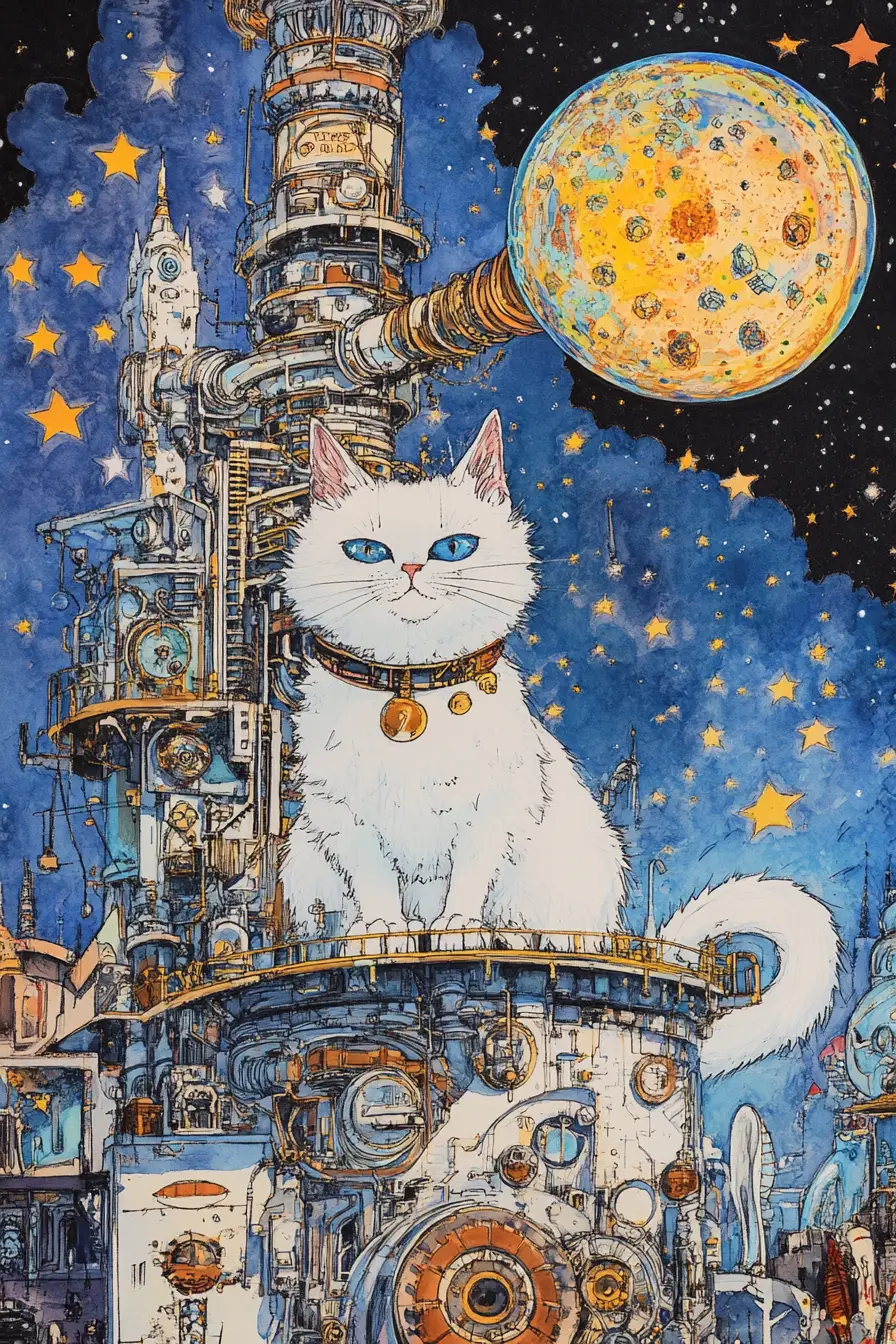 帶著白貓和洗衣機的蒸汽龐克星星收集機器