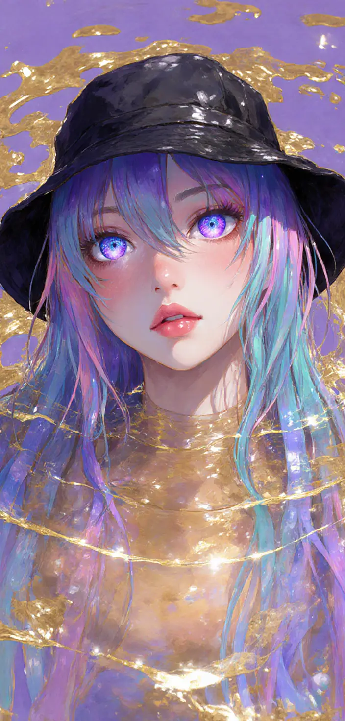 金色與紫色發光水面中的超現實動漫女子