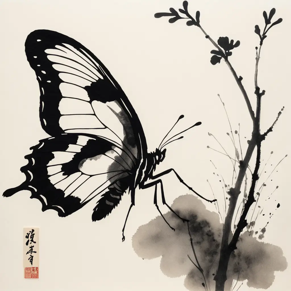 日式水墨風的墨蝶與淡淡的貓