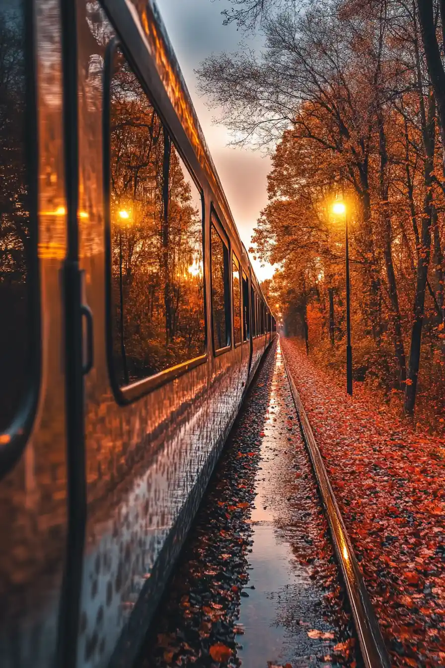 Cinematic low angle view of train in autumn forest