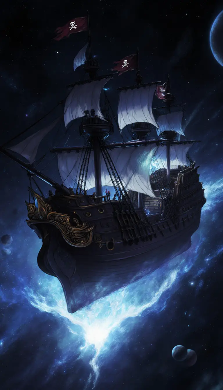 Vaisseau pirate d’anime naviguant dans une sombre galaxie cosmique