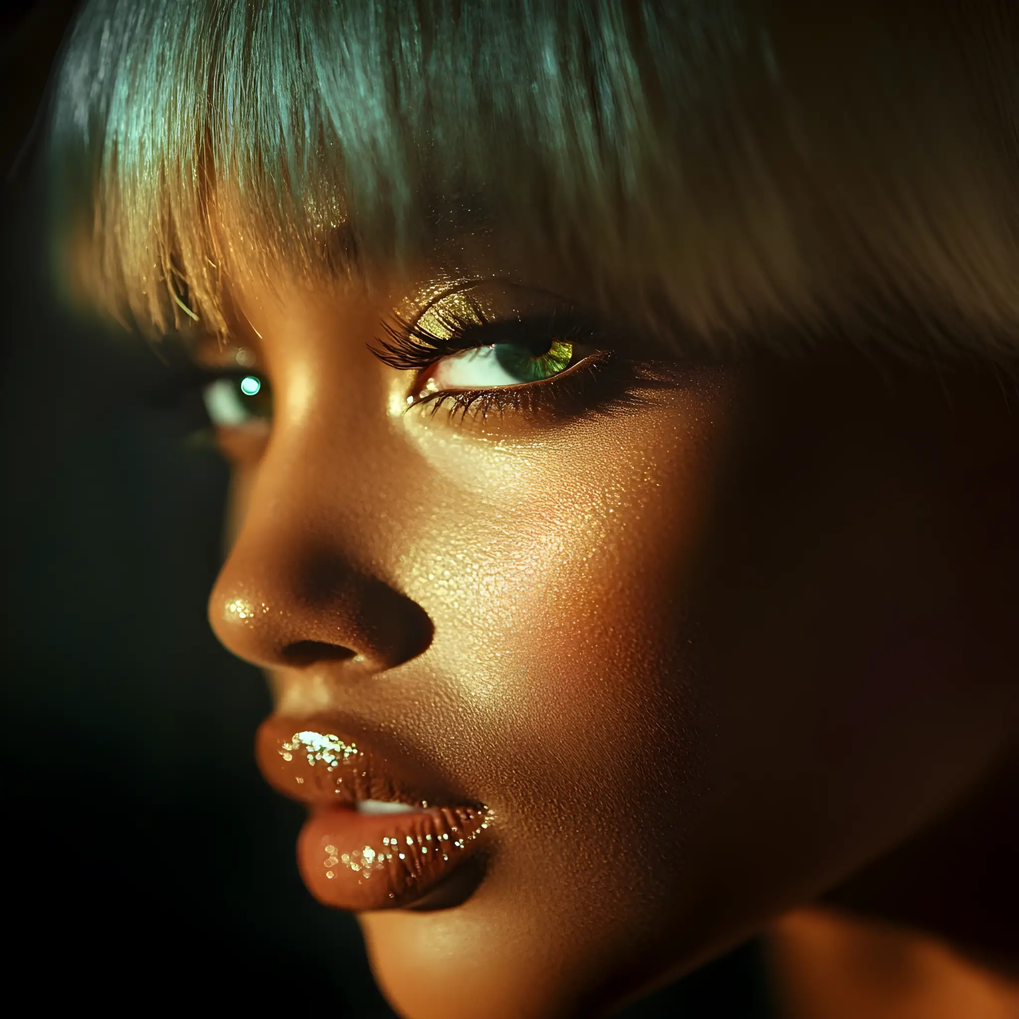Portrait en clair-obscur d’une femme aux yeux verts