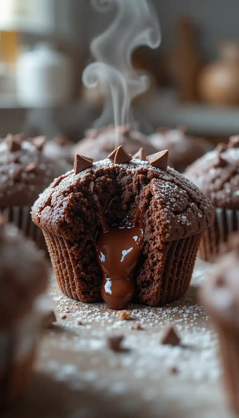 Close up of warm chocolate muffins with melted topping